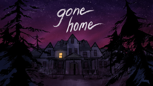This image is cover art for Gone Home, which is a walking simulator game. A house is shown surrounded by trees, and the night sky is purple and full of stars.